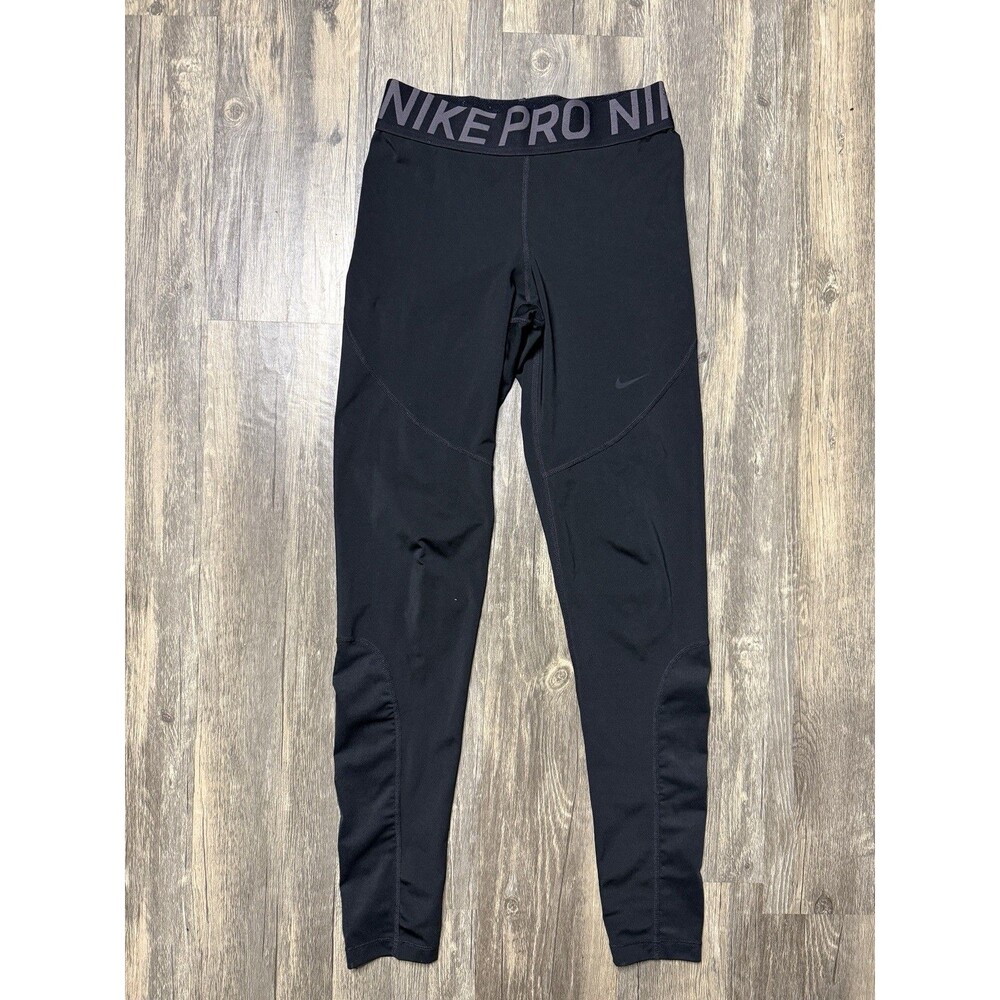 Nike Leggings Womens Medium Black Pro Dri Fit Mid Rise Mesh Paneled Logo Running - Picture 1 of 5